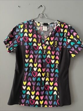 Cherokee Black Scrub Top with Multi-Color Heart & Ribbon Print